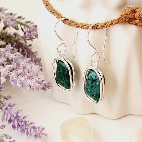 Natural African Turquoise Stone Earrings, Silver Plated Wire Wrapped Earrings - Picture 7 of 9